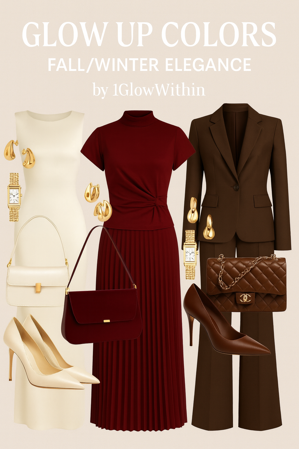 Fall/winter fashion collage with burgundy dress, brown suit, cream heels, and matching handbags