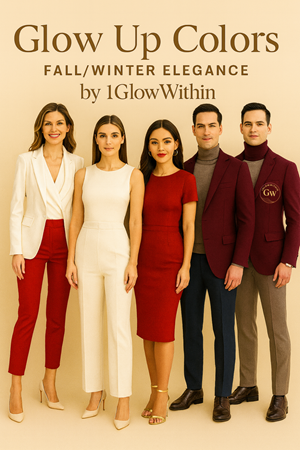 Fashion ad for Glow Up Colors fall/winter outfits in cream, red, and burgundy against a beige backdrop