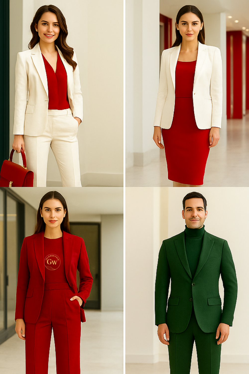 Four fashion models in red, white, and green suits posed in a hallway montage.
