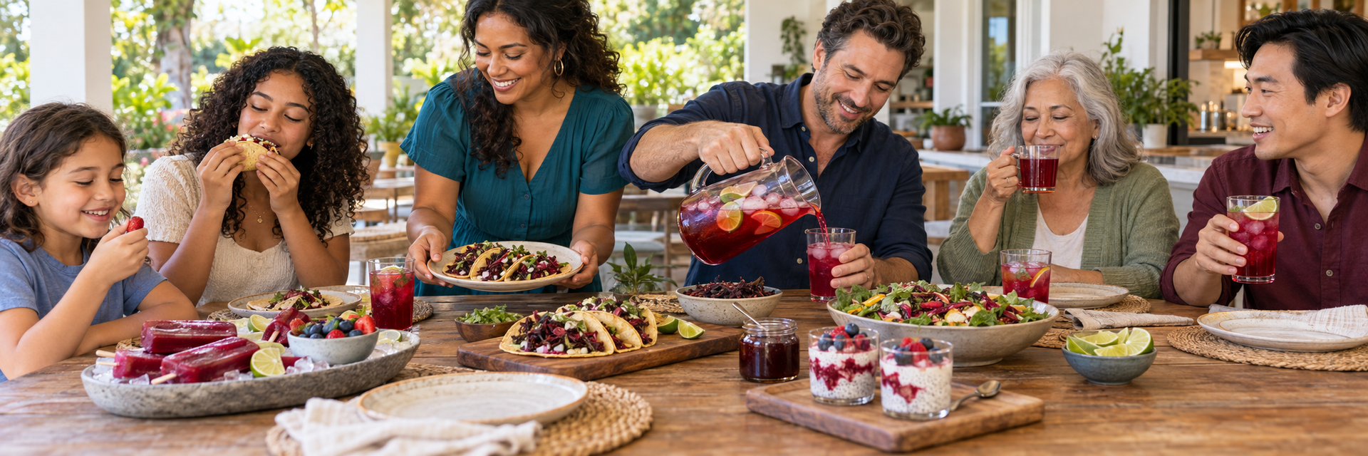 family and friends enjoying hibiscus drinks and recipes