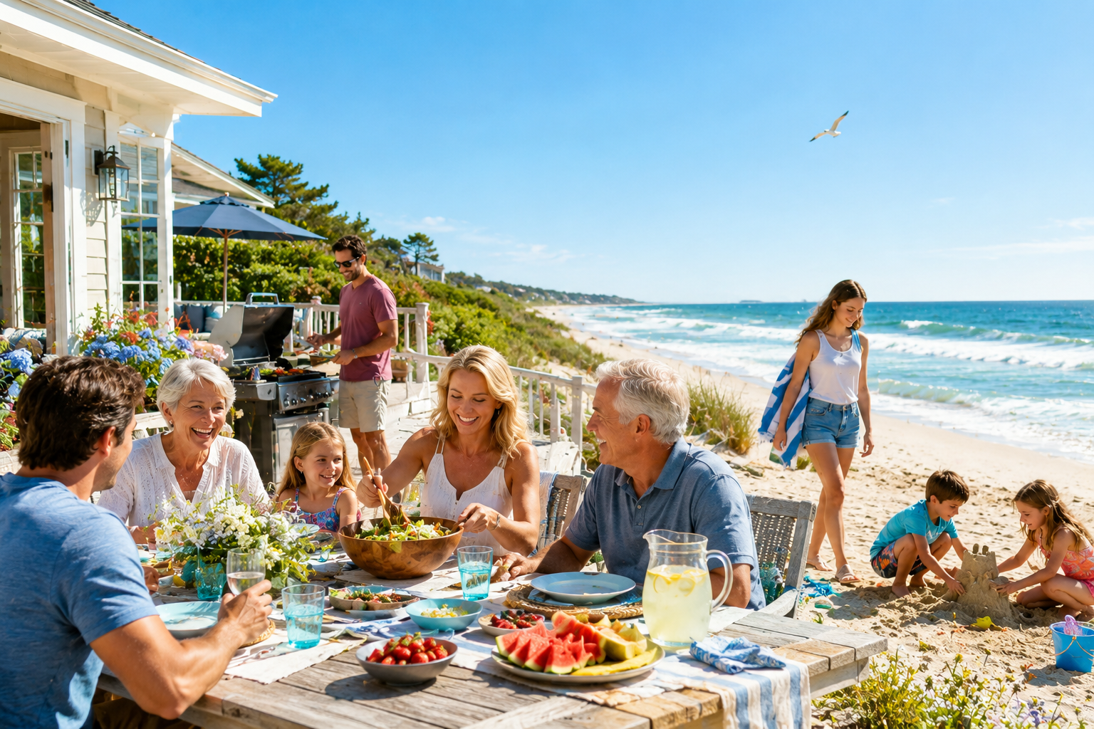 Multi-generational family enjoying a summer beach vacation together outdoors.