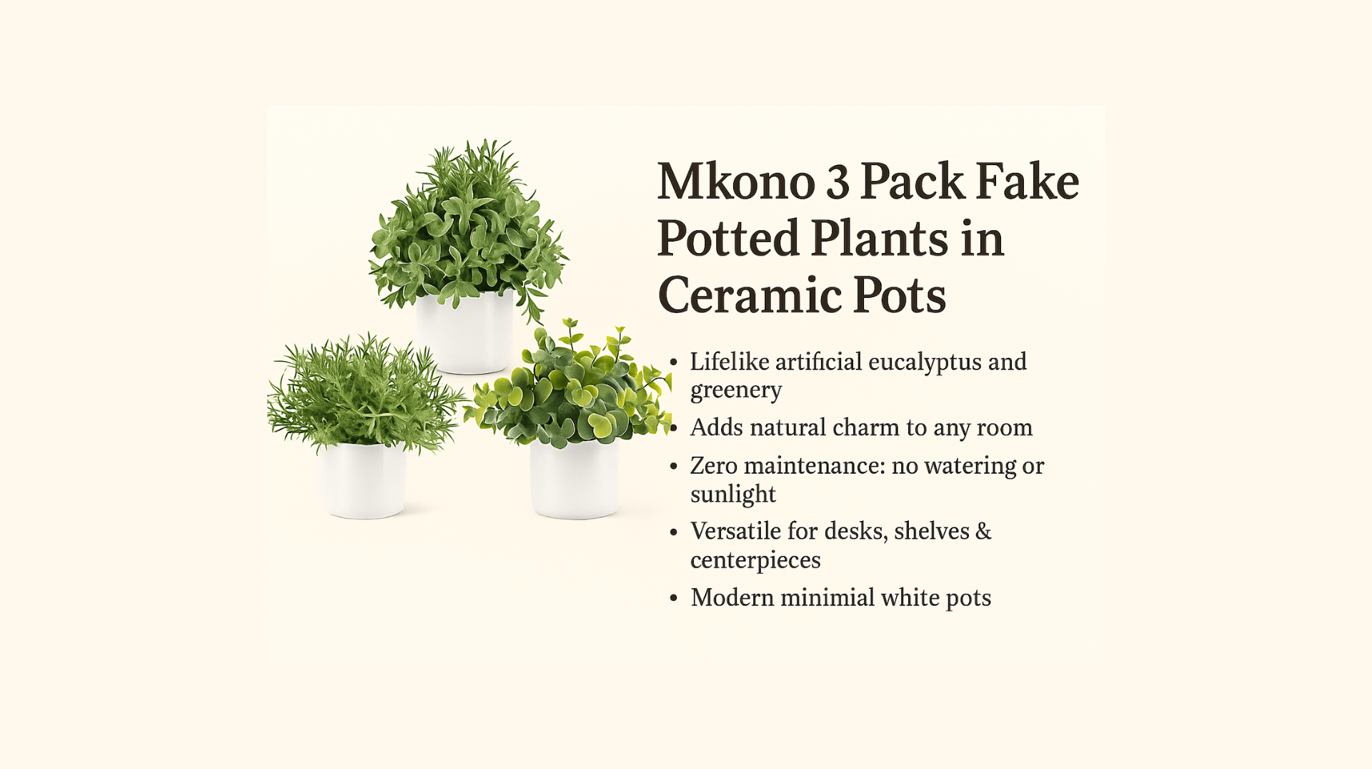 Mokon 3-pack fake potted plants in white ceramic pots on a light beige background with product text