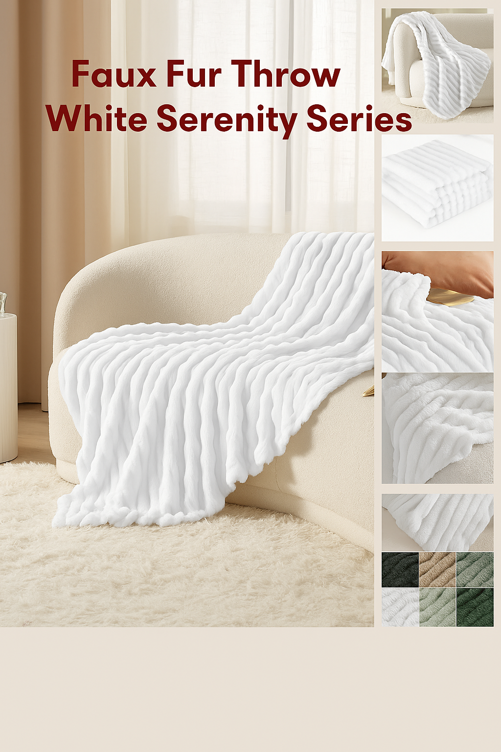 White faux fur throw draped over a cream chair with close-up texture swatches and color samples.