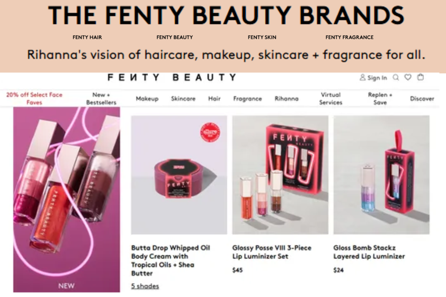 Fenty Beauty promotional banner with pink lip gloss, blush, and lip luminizers on a white background