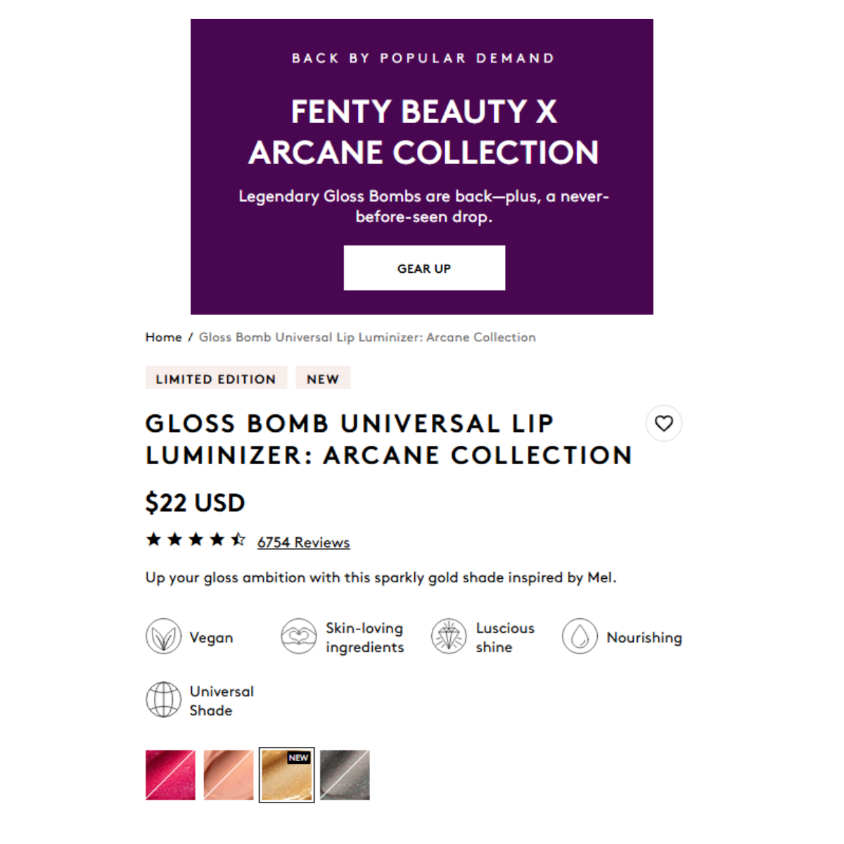 Fenty Beauty gloss bomb universal lip luminizer page with product details and shade swatches
