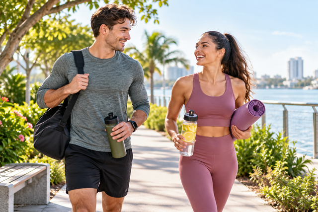 Young adults enjoying outdoor fitness, walking and hydration as part of a healthy active lifestyle.