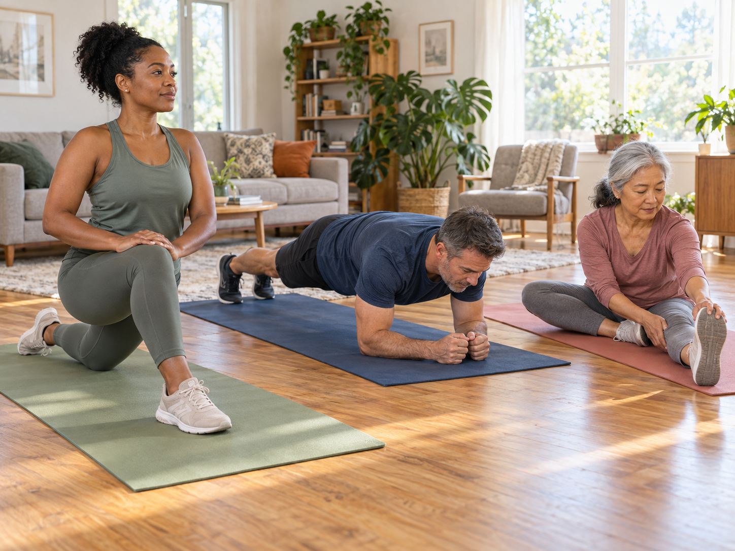 Adults of different ages practicing mobility, core strength and restorative stretching at home.