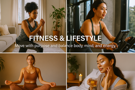 Fitness and lifestyle collage of a woman exercising, meditating, and relaxing in a warm home setting