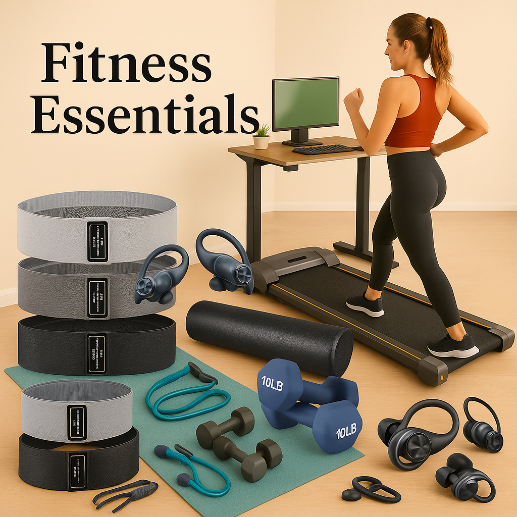 Fitness Essentials workout set with treadmill, weights, resistance bands, and headphones