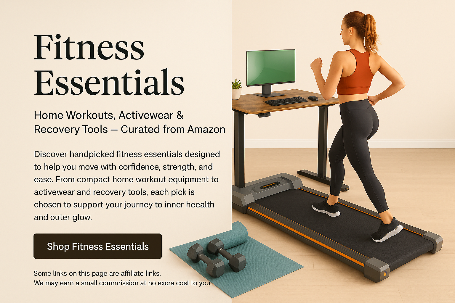 Fitness Essentials promo with treadmill, dumbbells, and a woman exercising in a home workout room