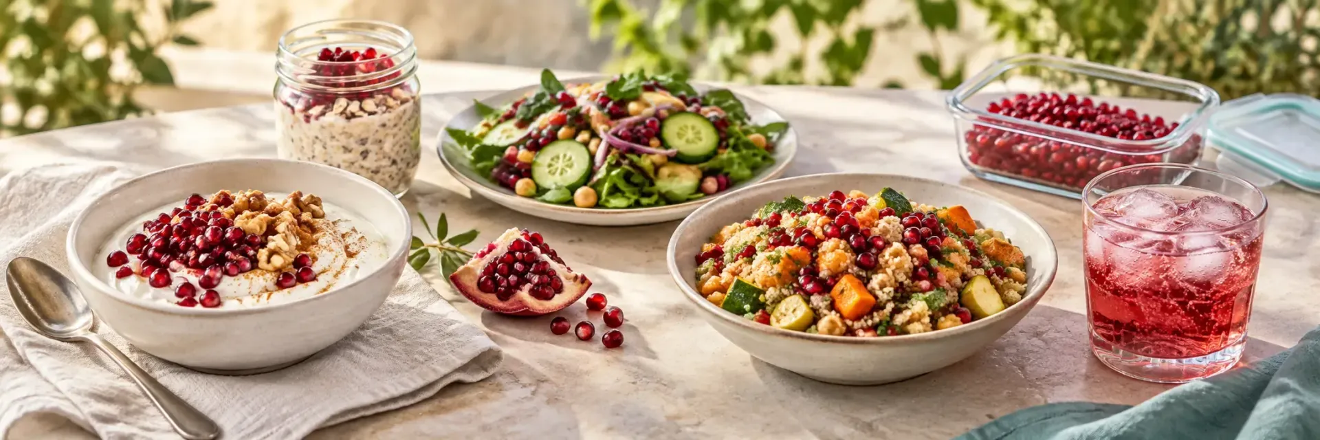 Pomegranate on yogurt, oats, salad, grain bowl and sparkling drink