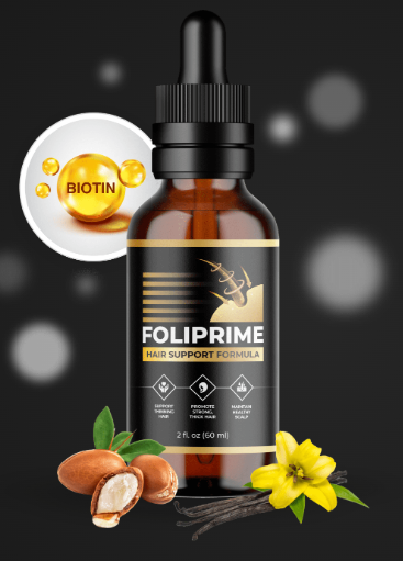 FOLIPRIME hair serum bottle with biotin callout, on a dark background with coconuts and yellow flowers