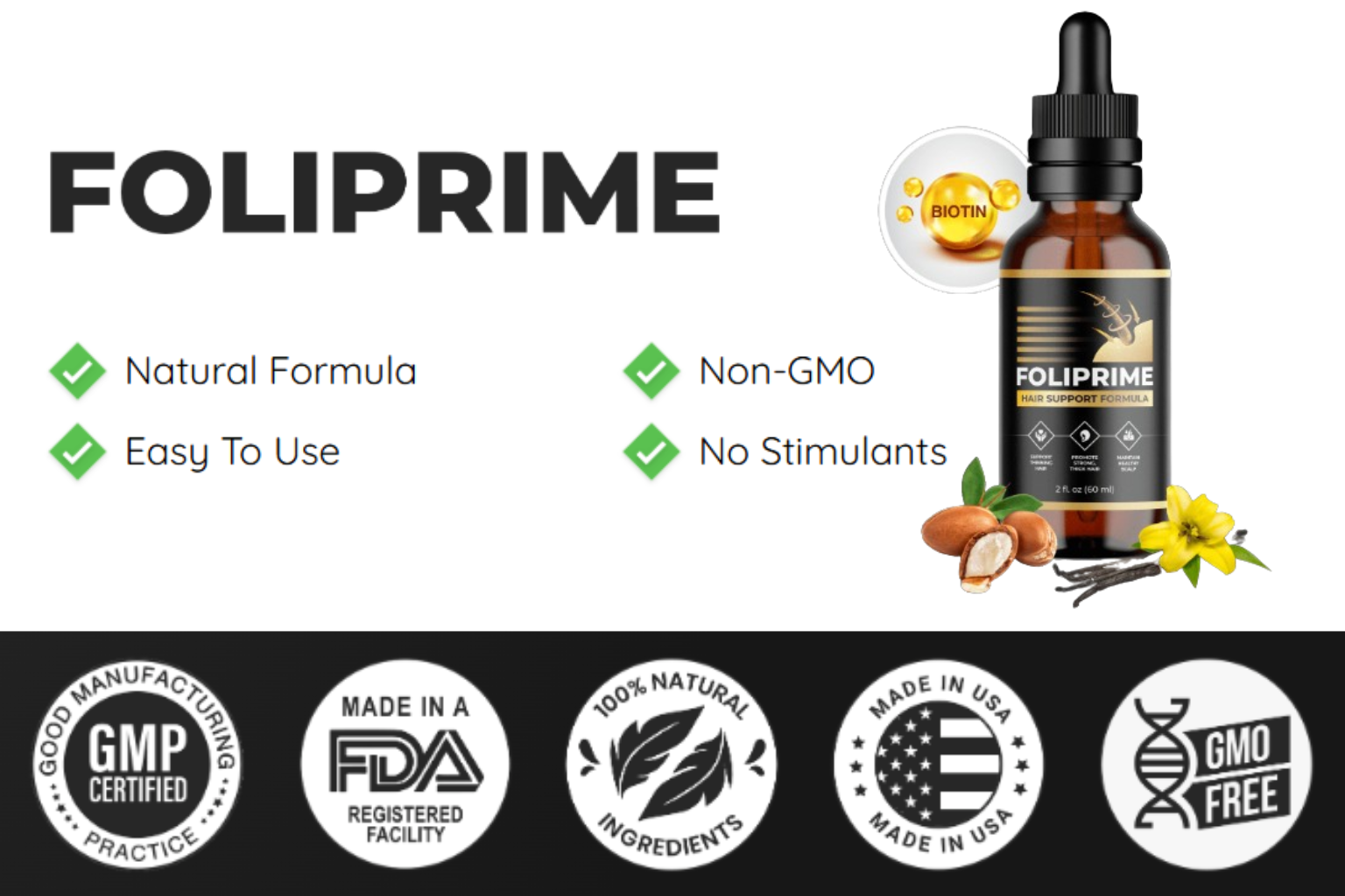FOLIPRIME supplement ad with dropper bottle, natural formula, non-GMO, GMP and FDA badges