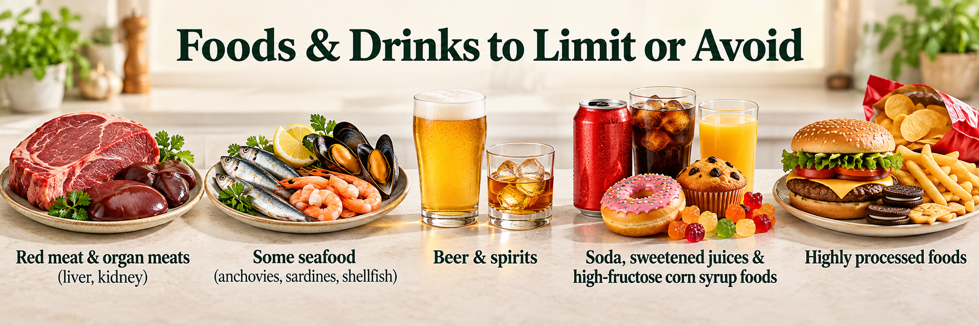 Foods and drinks to limit for gout – red meat, seafood, beer, soda, processed foods