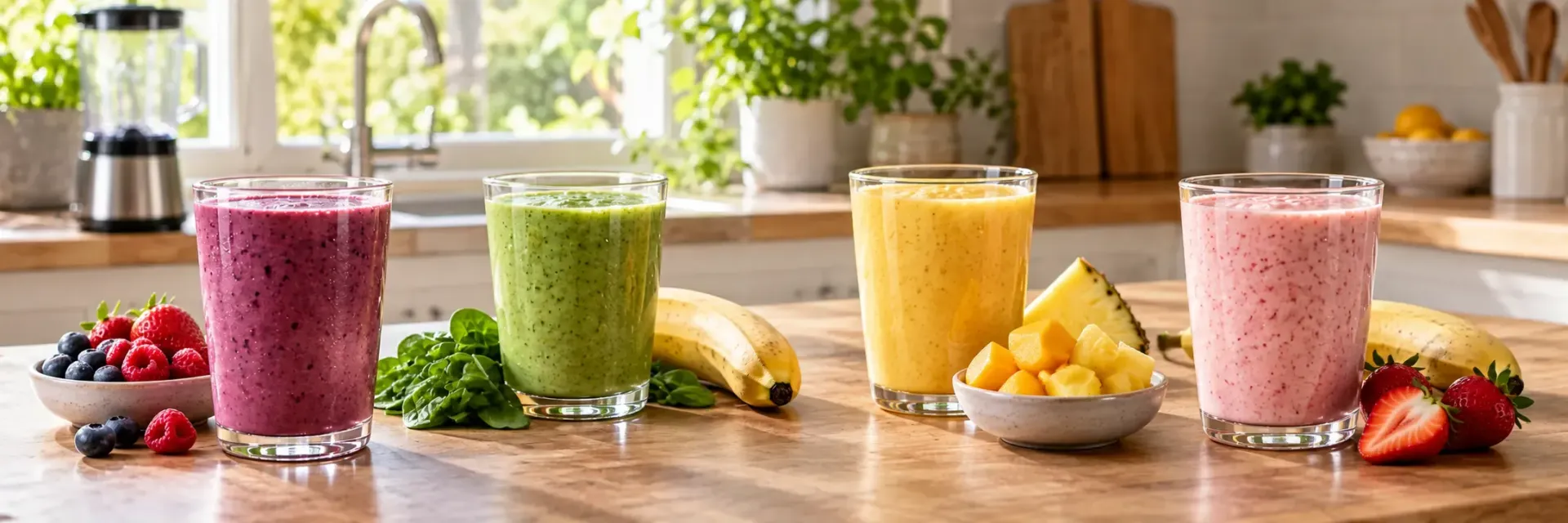 Berry, green, pineapple and strawberry smoothies with fresh ingredients