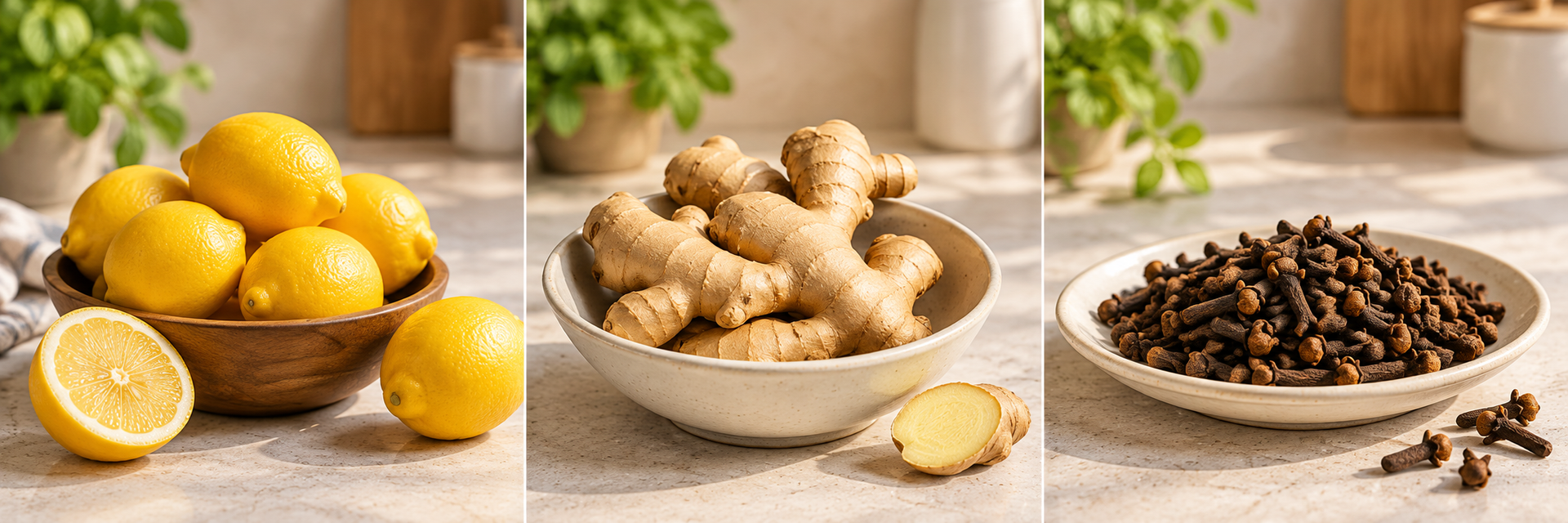 Fresh lemons, ginger roots, and whole cloves arranged in individual bowls on a sunlit kitchen countertop.