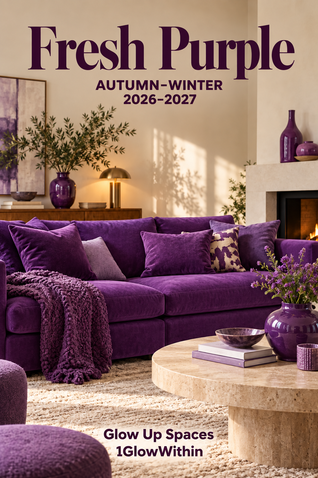 Contemporary lounge with fresh purple accents and soft neutrals