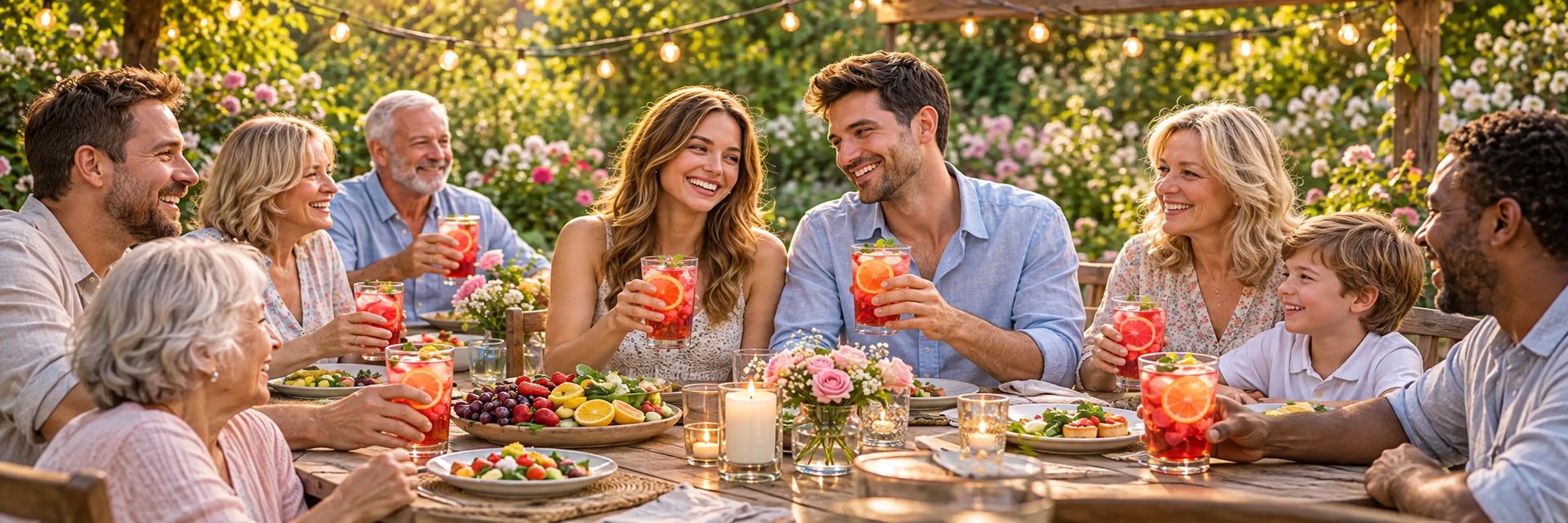 Family and friends enjoying hibiscus rose lemonade at outdoor gathering.
