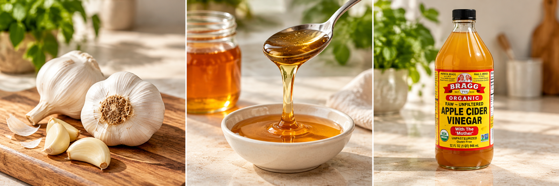 Fresh garlic, golden honey dripping into a bowl, and Bragg apple cider vinegar on a sunlit kitchen countertop.
