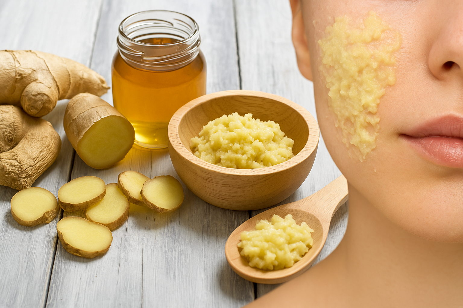 Fresh ginger root, sliced ginger, honey in a jar, and ginger paste in a wooden bowl next to a person applying a natural ginger face mask to their cheek.