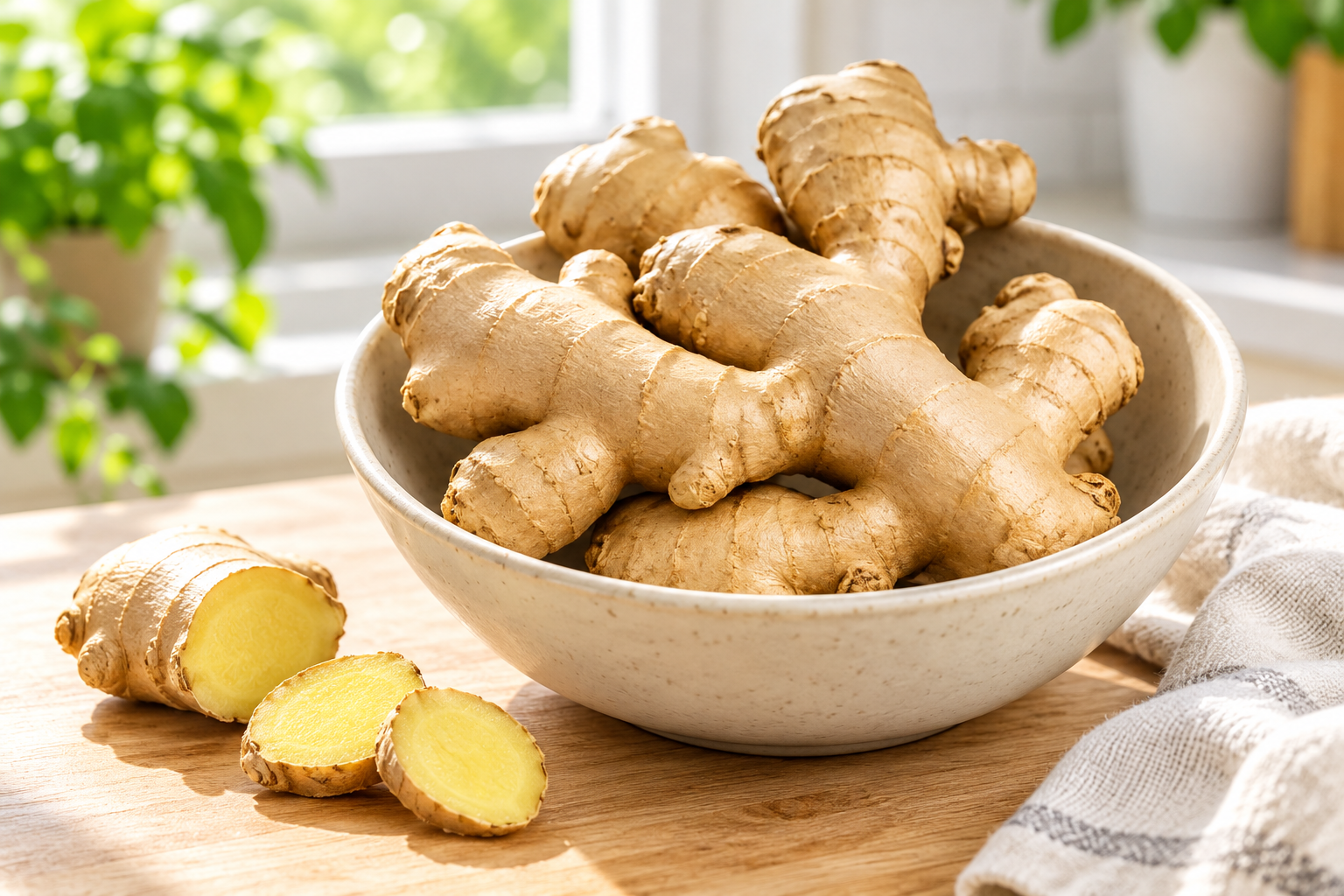 Fresh ginger root in a bowl