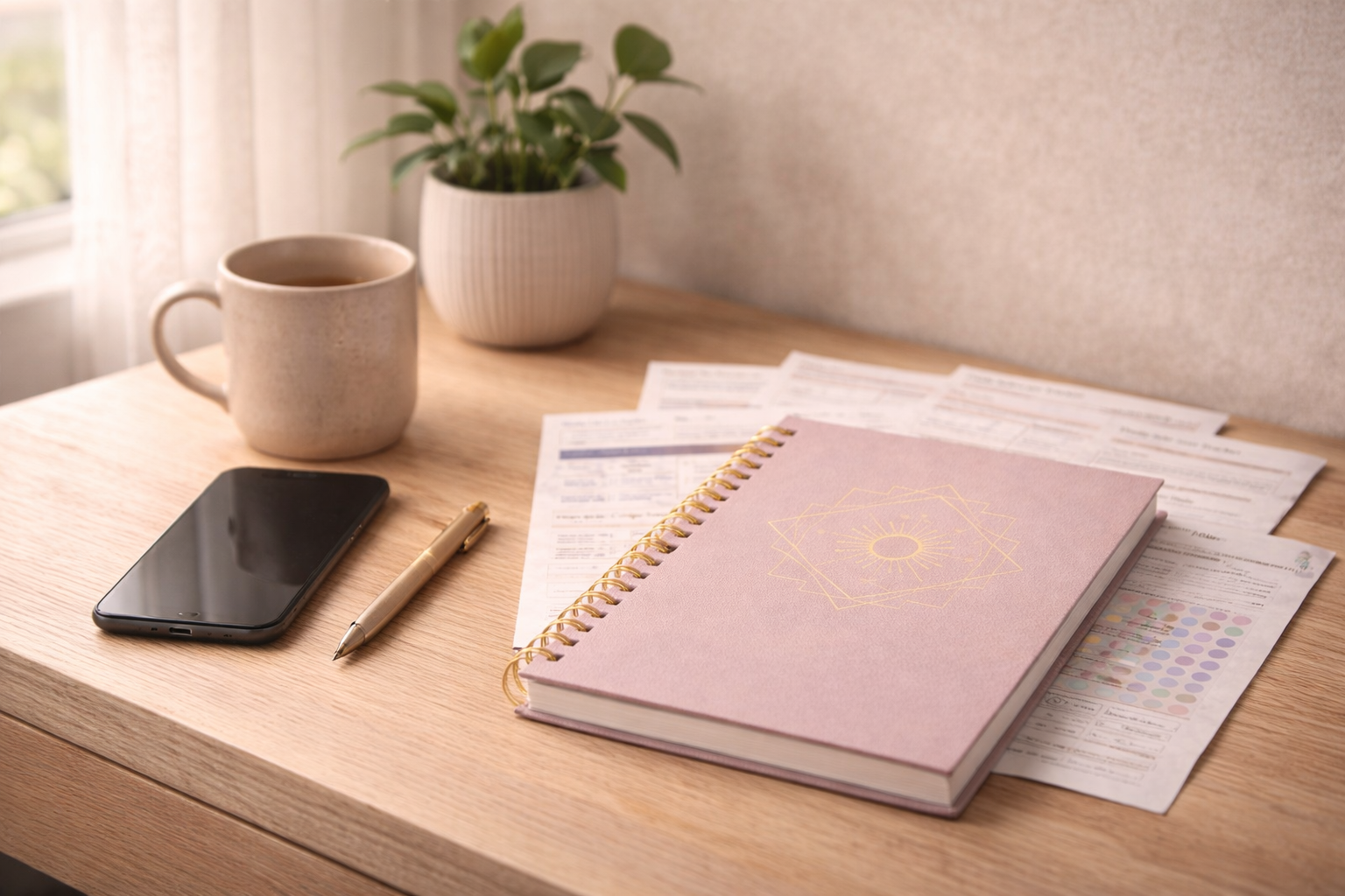 Notebook, mug, phone, and pen on a wooden desk by a window with papers and a small plant.