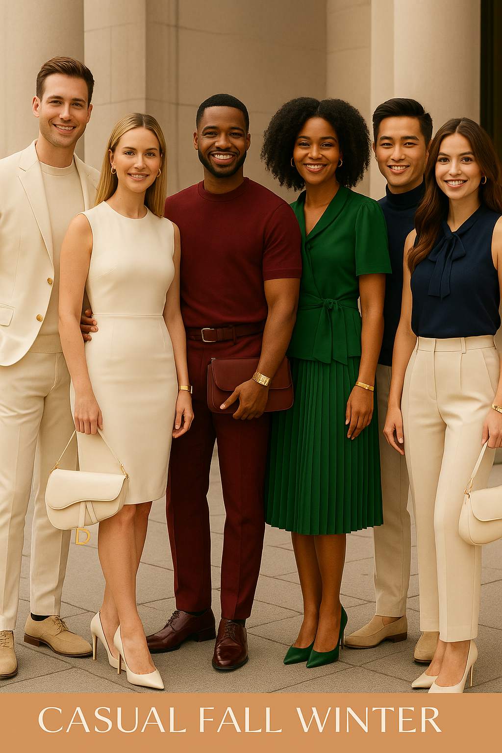 Six adults posing indoors in fall and winter casual outfits, with a “CASUAL FALL WINTER” caption.
