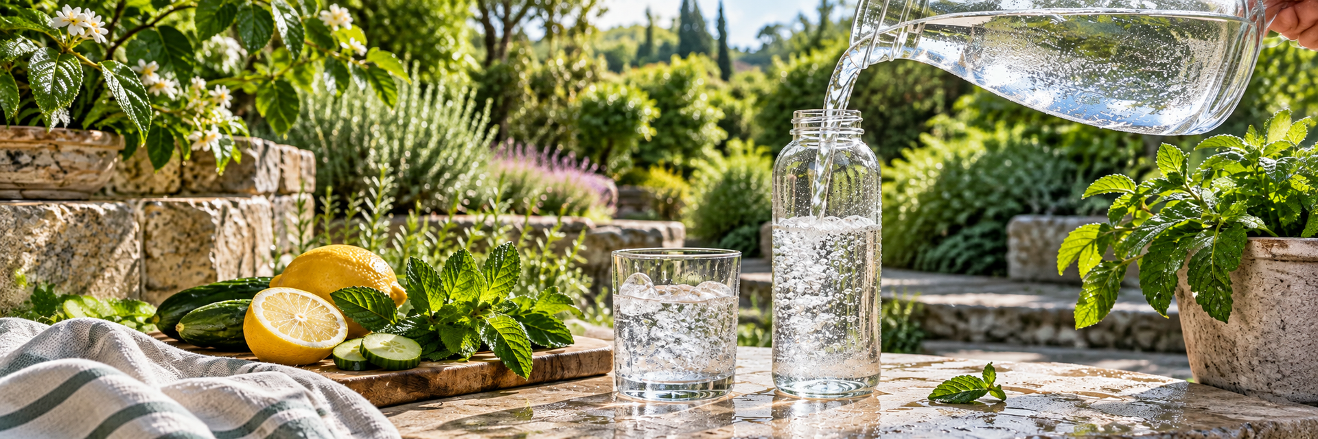 Fresh water pouring into a reusable bottle beside lemon, cucumber and mint in a sunlit garden.