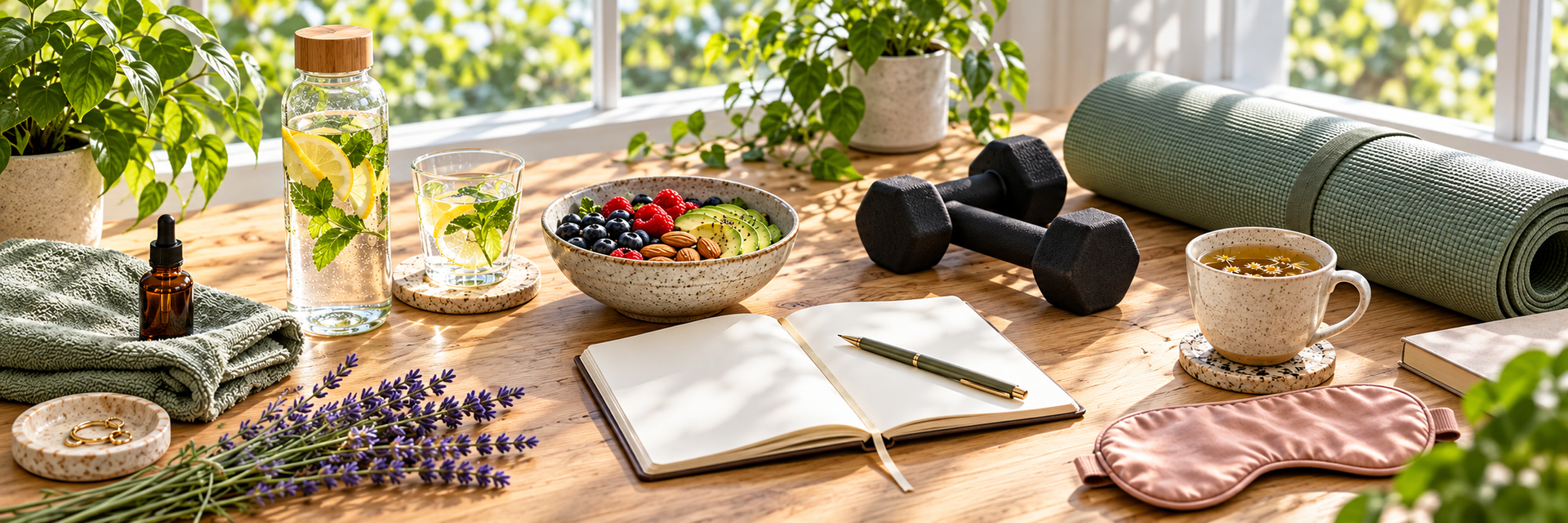 Everyday wellness essentials for hydration, healthy eating, fitness, journaling, skincare and relaxation.