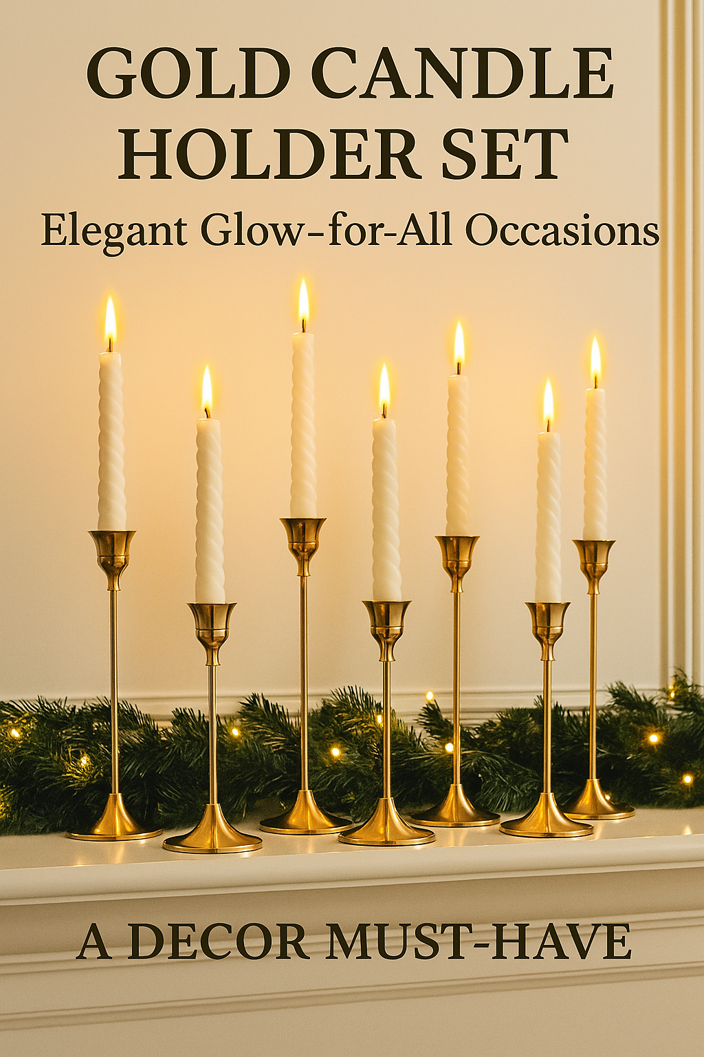 Gold candle holder set with lit taper candles on a mantel, accented by greenery and text promoting elegant decor