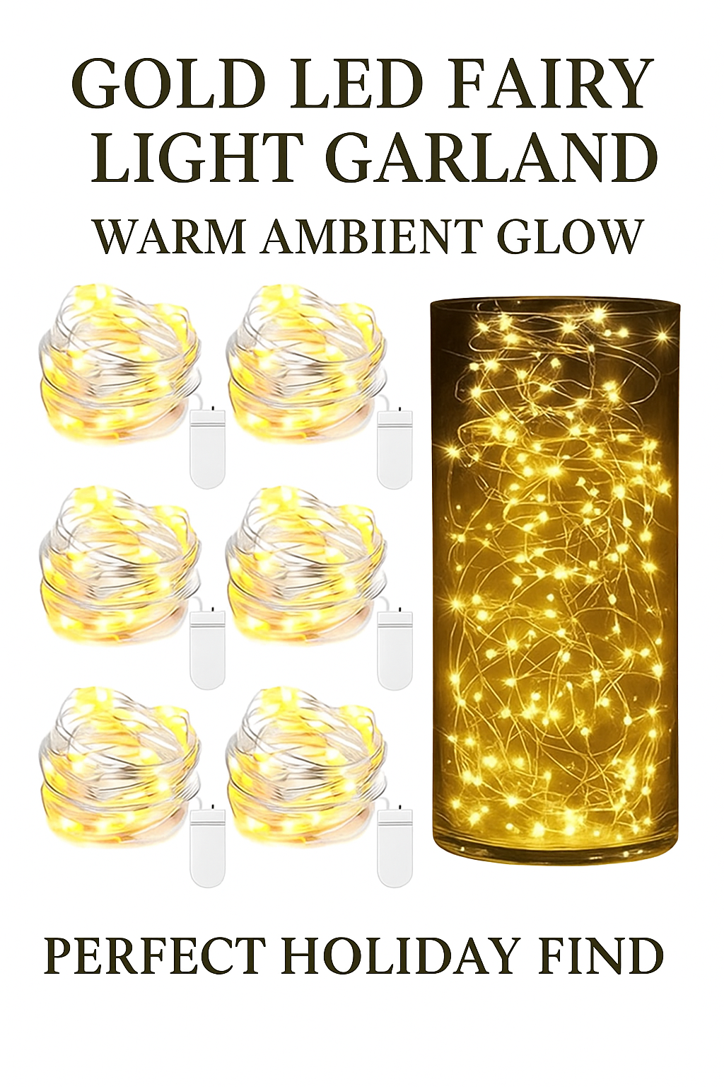 Gold LED fairy light garland in warm glow, shown coiled and lit in a glass jar, holiday decor product image