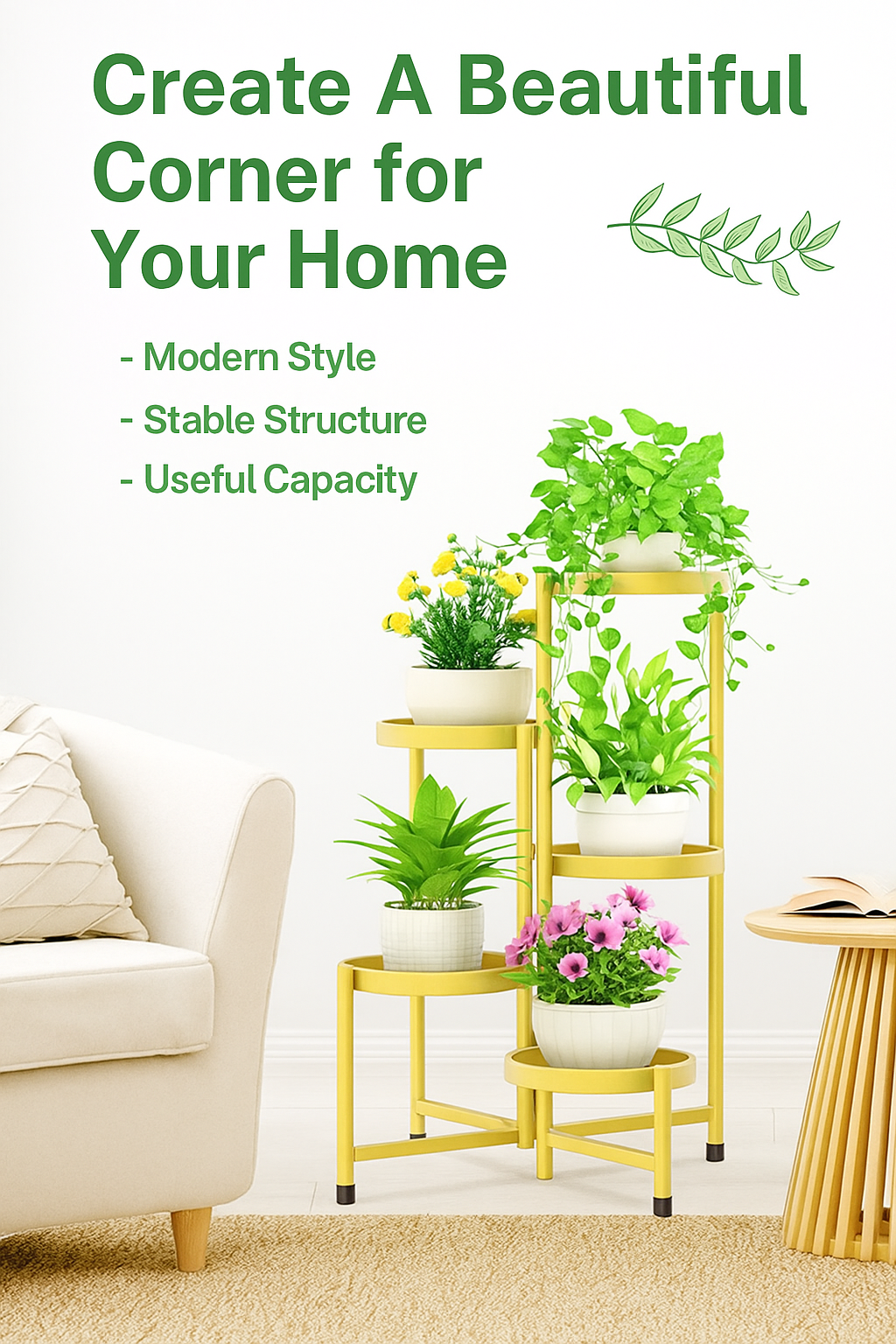 Modern yellow plant stand in a bright living room with several potted green plants and a cream sofa