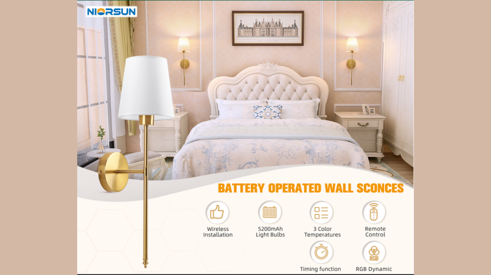 Elegant cream bedroom with a white battery wall sconce lamp, showing a battery-upgraded lighting product ad.