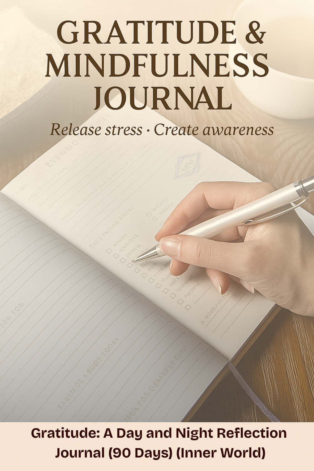 Gratitude and mindfulness journal cover with a hand writing in a notebook, warm beige tones