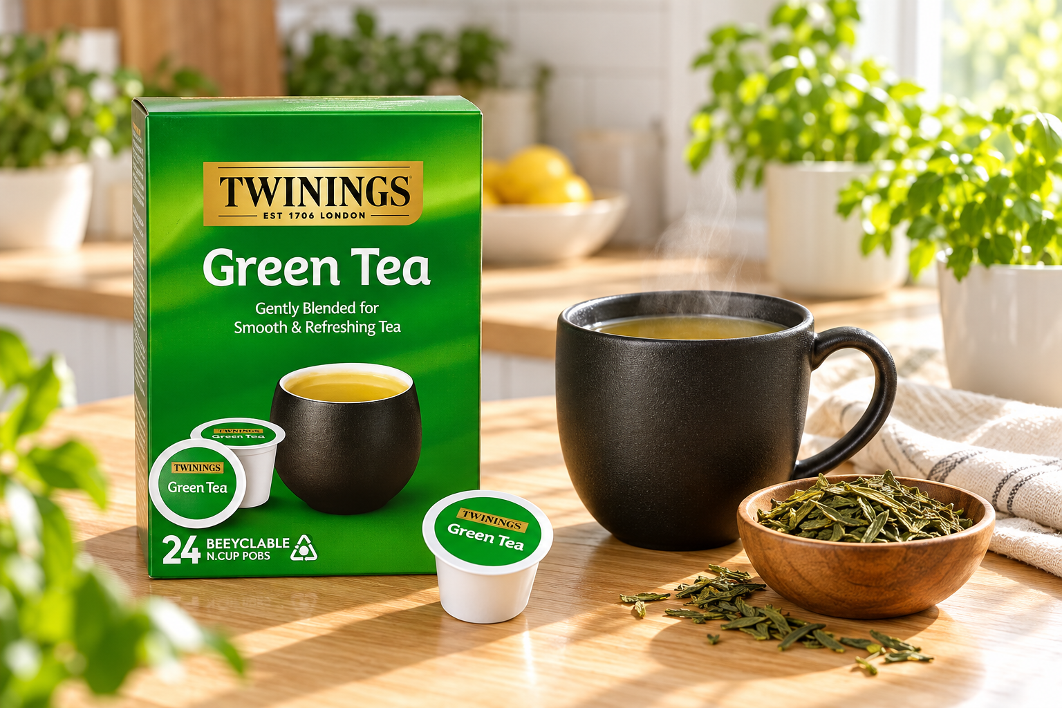 Green tea in a mug with loose tea leaves