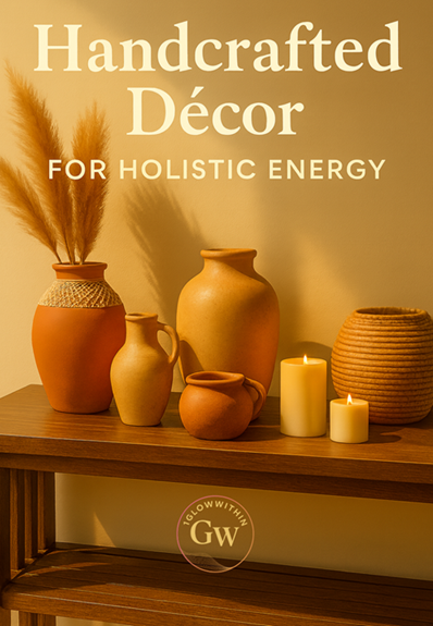 Handcrafted décor with earthy ceramic vases and candles on a wooden shelf, warm amber background