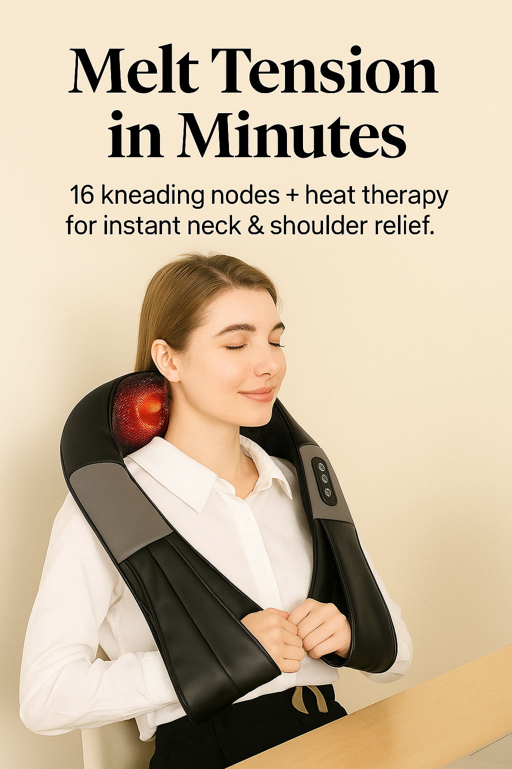 Neck and shoulder massager with red heating nodes on a person, beside text promoting instant relief.