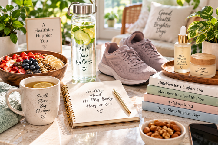 nutritious food, hydration, walking shoes, skincare and journaling for everyday holistic wellness.