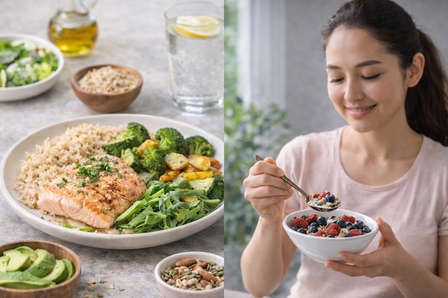Woman eating yogurt with berries beside a healthy meal of salmon, rice, broccoli, and avocado.
