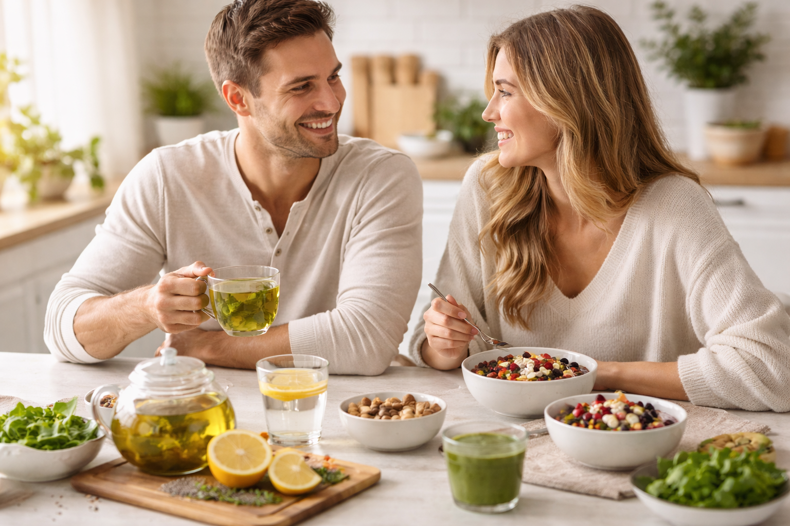 Two people smiling at a table with healthy food and drinks, including salads, tea, and citrus slices.