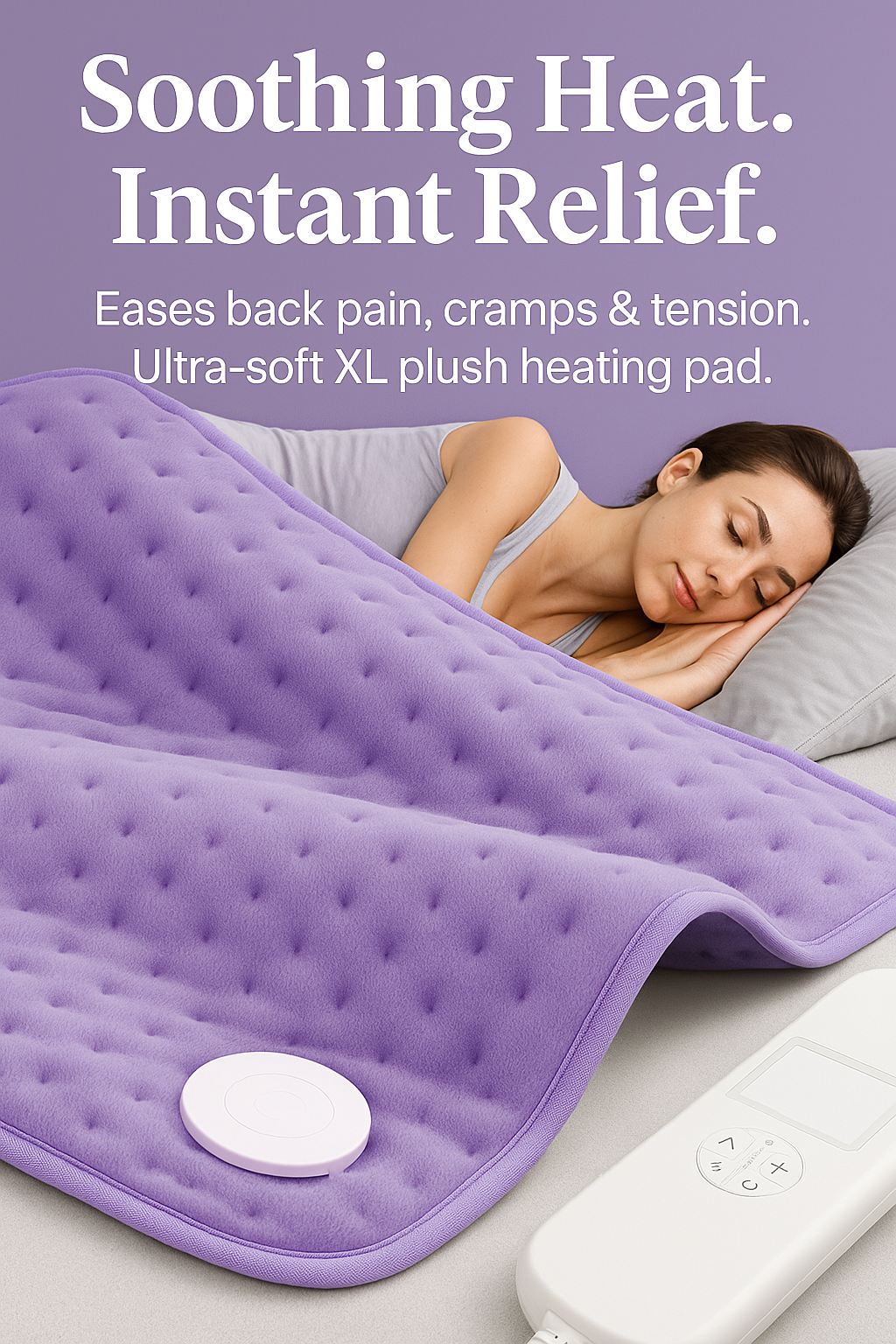 Purple heated blanket with control pad, shown warming a person in bed; ad text says “Soothing Heat. Instant Relief.”