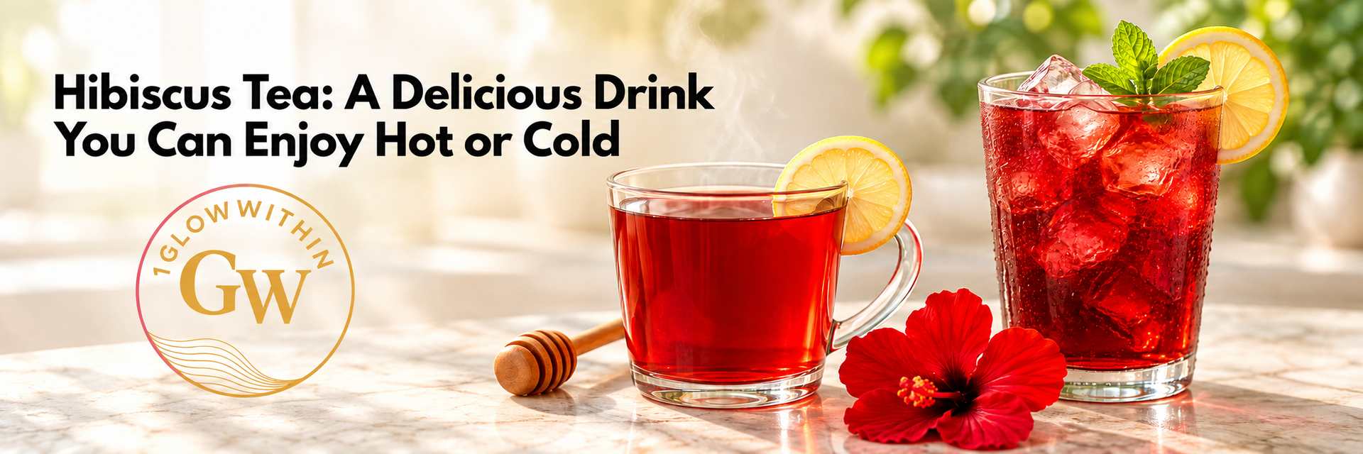 Hot and iced hibiscus tea with lemon, honey and a hibiscus flower