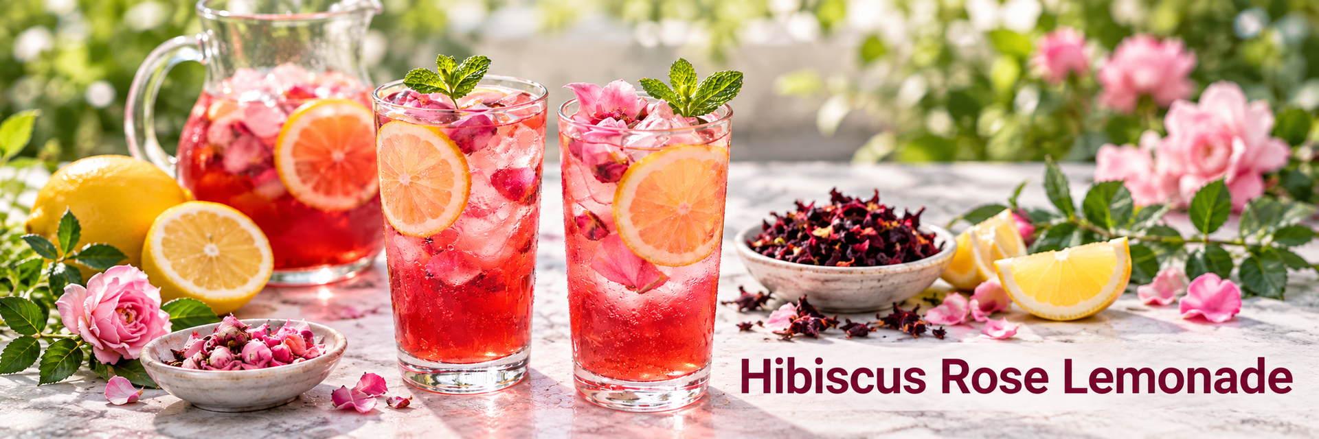 Hibiscus rose lemonade with lemon slices, mint and dried hibiscus.