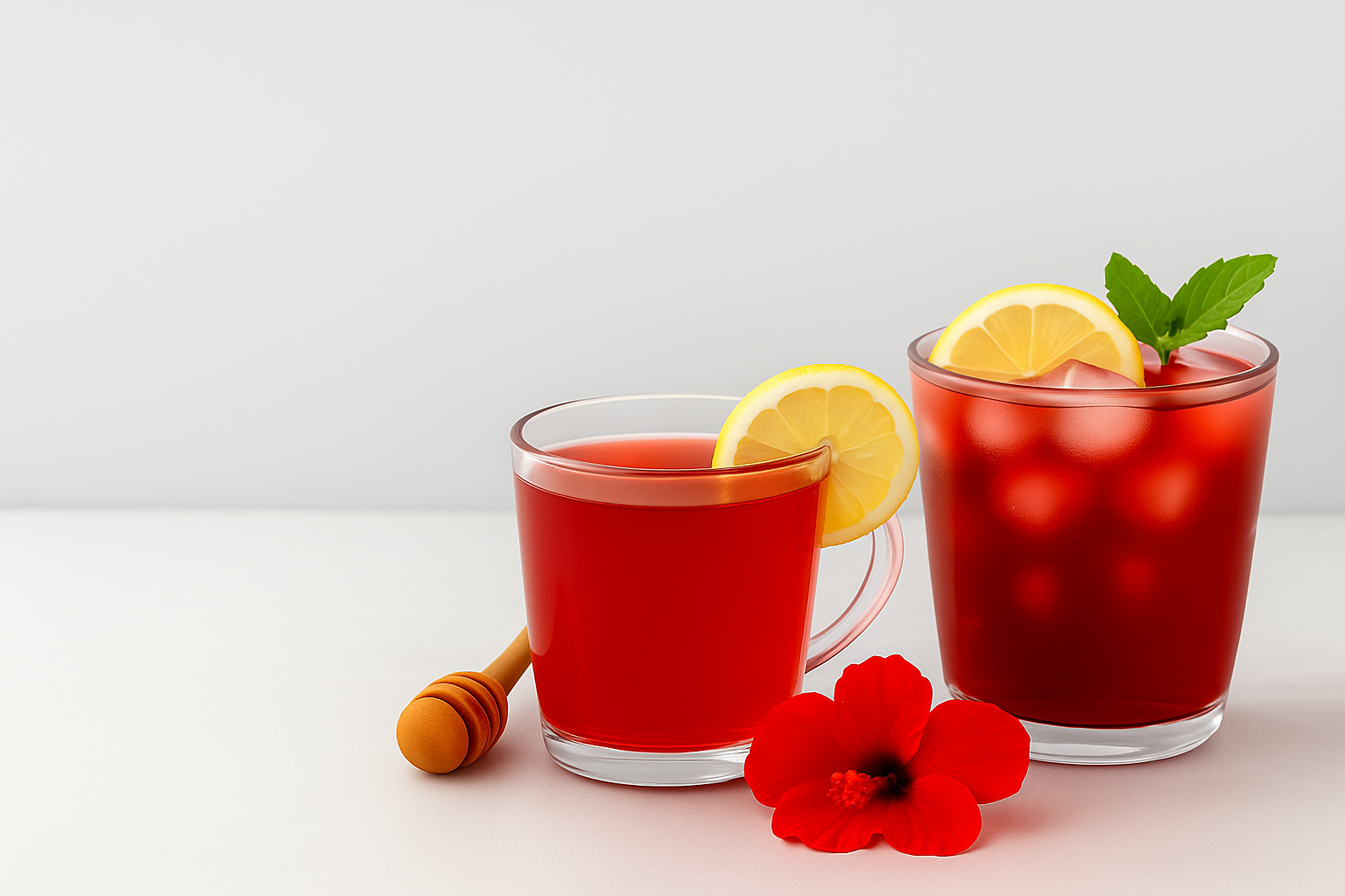 Two glasses of red fruit juice with lemon slices and a honey dipper on a white table with hibiscus flowers
