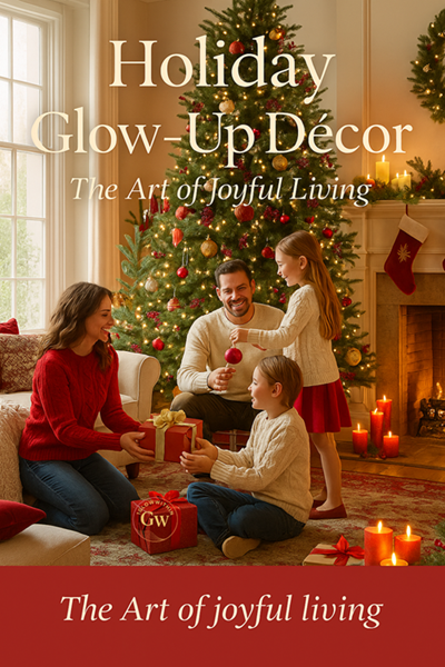 Holiday Glow-Up Decor cover with a family decorating a cozy living room by a lit fireplace and Christmas tree