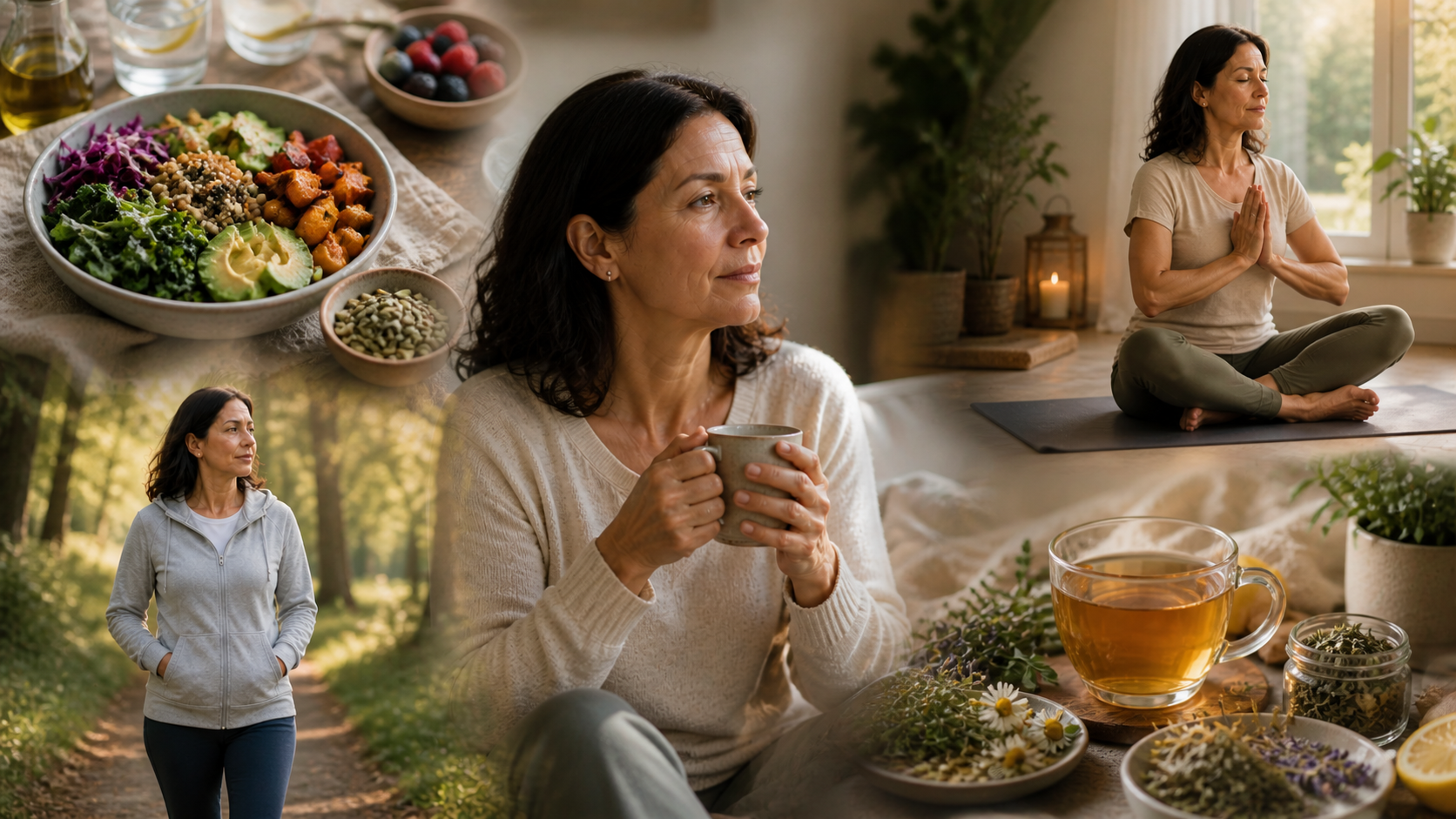 Woman meditating in a sunlit room with tea, fruit, and a fresh salad nearby.