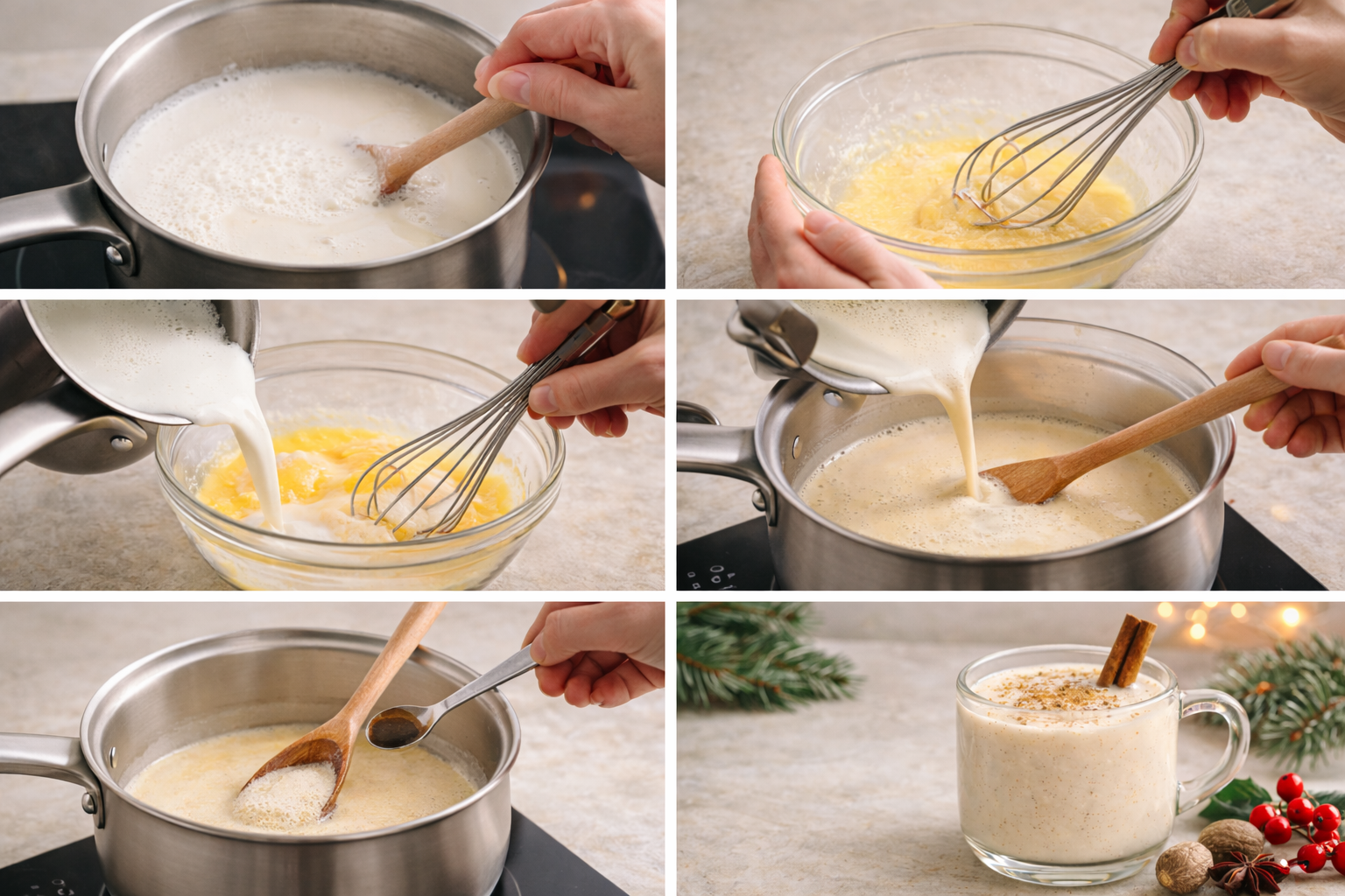 Step-by-step making classic non-alcoholic eggnog from heating milk to serving.