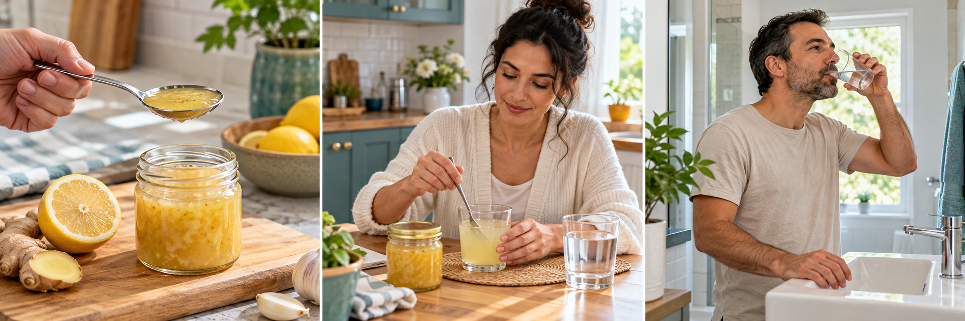 Tablespoon of lemon ginger garlic blend, woman mixing it with water, and man rinsing his mouth afterward.