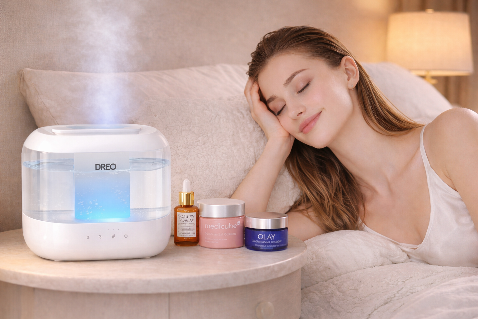 Woman resting on a couch beside a lit white diffuser and skincare jars