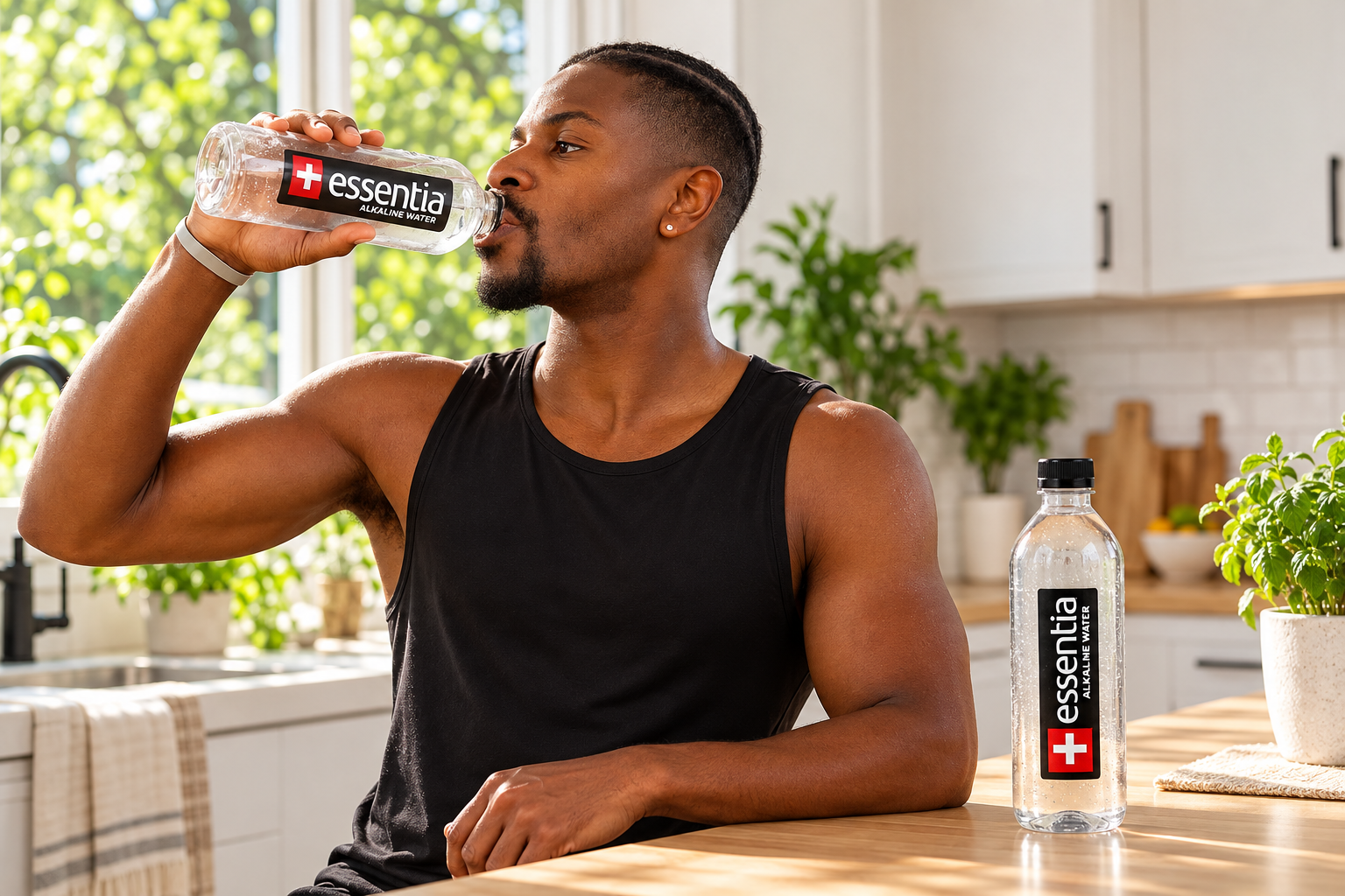Man drinking bottled water in a kitchen